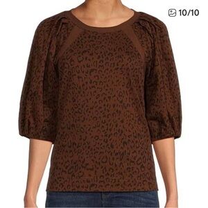 Gibson Latimer animal print blouse SMALL quarter puff sleeve cotton brown ribbed
